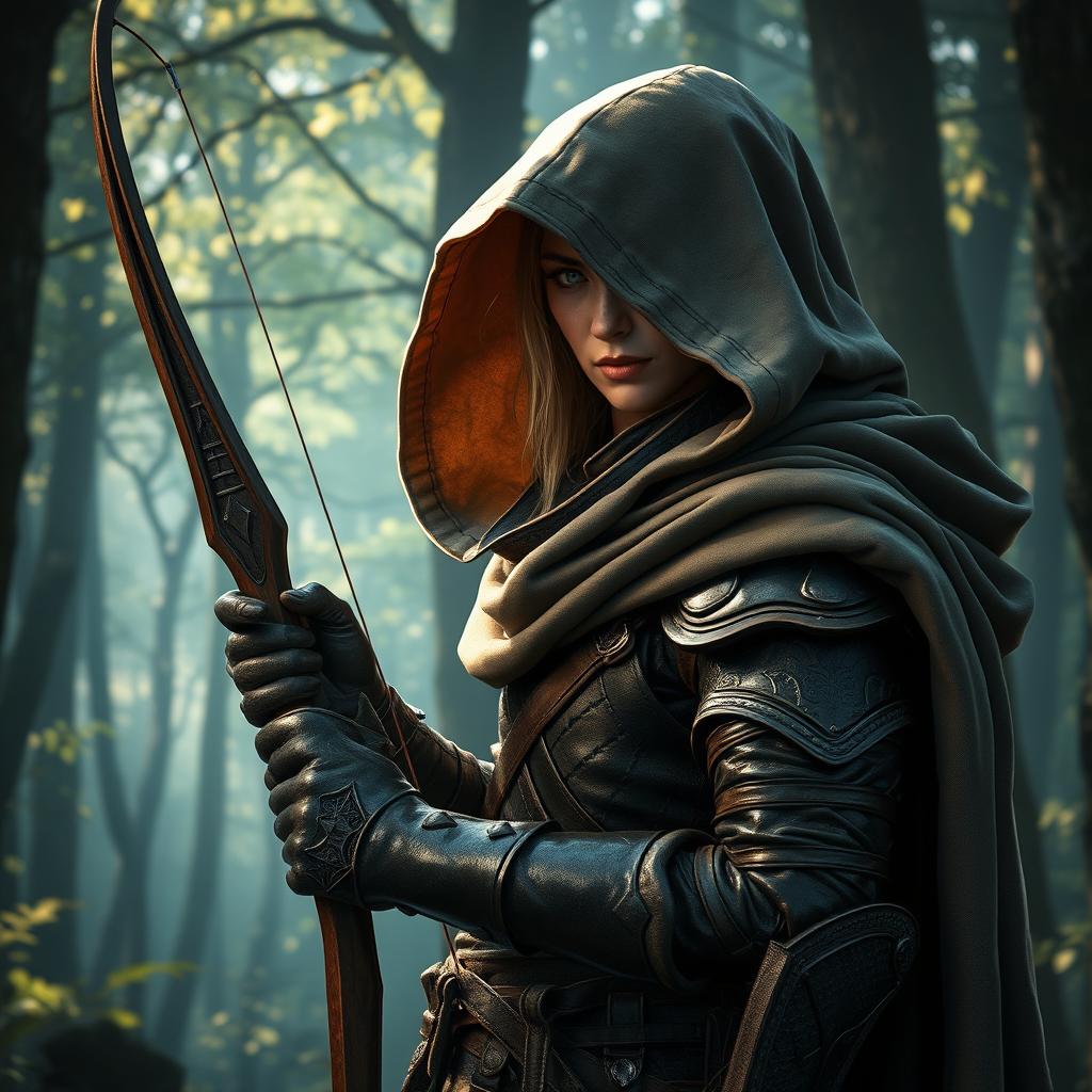 A character wearing leather armor and holding an elven light bow, partially hidden by a cloak with a huge hood