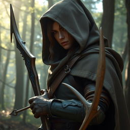 A character wearing leather armor and holding an elven light bow, partially hidden by a cloak with a huge hood