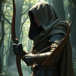 A character wearing leather armor and holding an elven light bow, partially hidden by a cloak with a huge hood