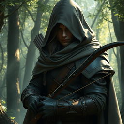 A character wearing leather armor and holding an elven light bow, partially hidden by a cloak with a huge hood