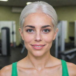 Photograph of a 30-year-old girl of average build with white hair, in a fitness room. She has long square proportional facial features, cheek dimples, bow lips, large black eyebrows, smooth medium green eyes, and swarthy skin