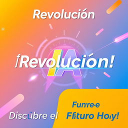 Create a vibrant and futuristic image featuring the phrases '¡Revolución IA! 🚀' and 'Descubre el Futuro Hoy'