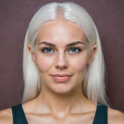 Photograph of a 30-year-old girl of average build with white hair, in a fitness room. She has long square proportional facial features, cheek dimples, bow lips, large black eyebrows, smooth medium green eyes, and swarthy skin