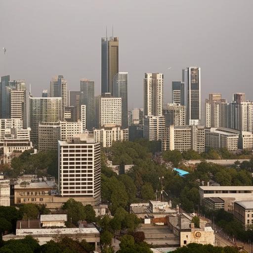 A vibrant panorama of a developed African city, filled with modern skyscrapers, bustling markets, advanced technology, lush parks, and a thriving cultural scene.