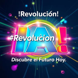 Create a vibrant and futuristic image featuring the phrases '¡Revolución IA! 🚀' and 'Descubre el Futuro Hoy'