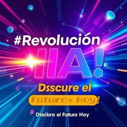 Create a vibrant and futuristic image featuring the phrases '¡Revolución IA! 🚀' and 'Descubre el Futuro Hoy'