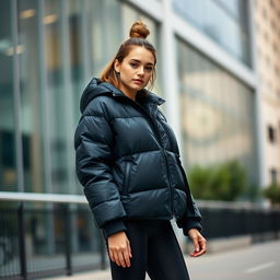 A stylish young woman wearing a puffer jacket and leggings