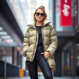 A stylish young woman wearing a puffer jacket and leggings