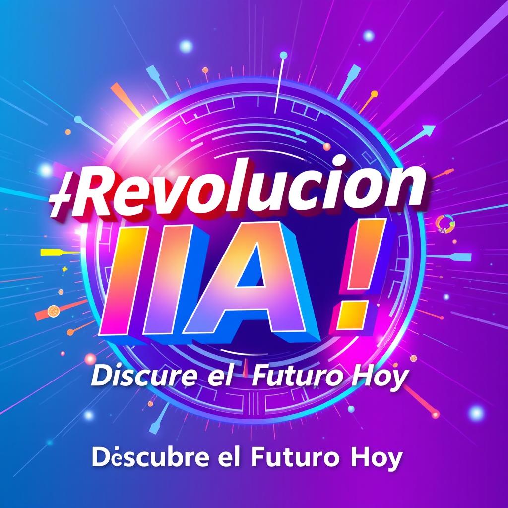 Create a vibrant and futuristic image featuring the phrases '¡Revolución IA! 🚀' and 'Descubre el Futuro Hoy'