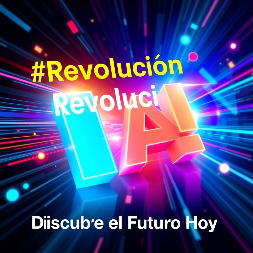 Create a vibrant and futuristic image featuring the phrases '¡Revolución IA! 🚀' and 'Descubre el Futuro Hoy'