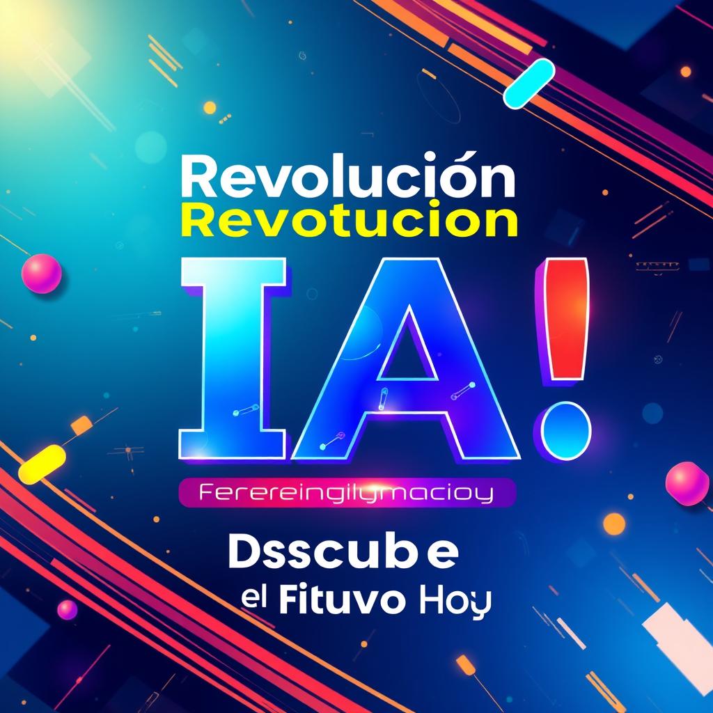 Create a vibrant and futuristic image featuring the phrases '¡Revolución IA! 🚀' and 'Descubre el Futuro Hoy'