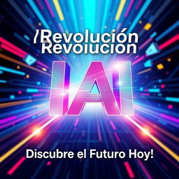 Create a vibrant and futuristic image featuring the phrases '¡Revolución IA! 🚀' and 'Descubre el Futuro Hoy'