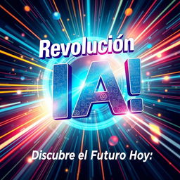 Create a vibrant and futuristic image featuring the phrases '¡Revolución IA! 🚀' and 'Descubre el Futuro Hoy'