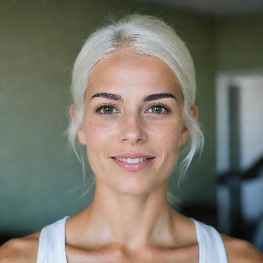 Photograph of a 30-year-old girl of average build with white hair, in a fitness room. She has long square proportional facial features, cheek dimples, bow lips, large black eyebrows, smooth medium green eyes, and swarthy skin