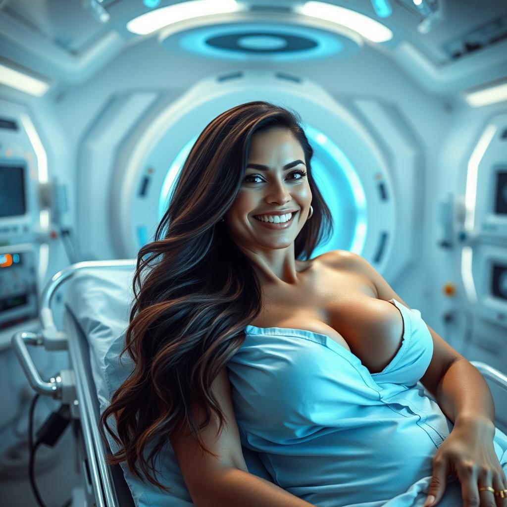 A sexy 50-year-old Latina woman with curves, long brown hair, wearing a hospital gown, with a beautiful smile and a deep neckline, lying on a stretcher in a futuristic laboratory