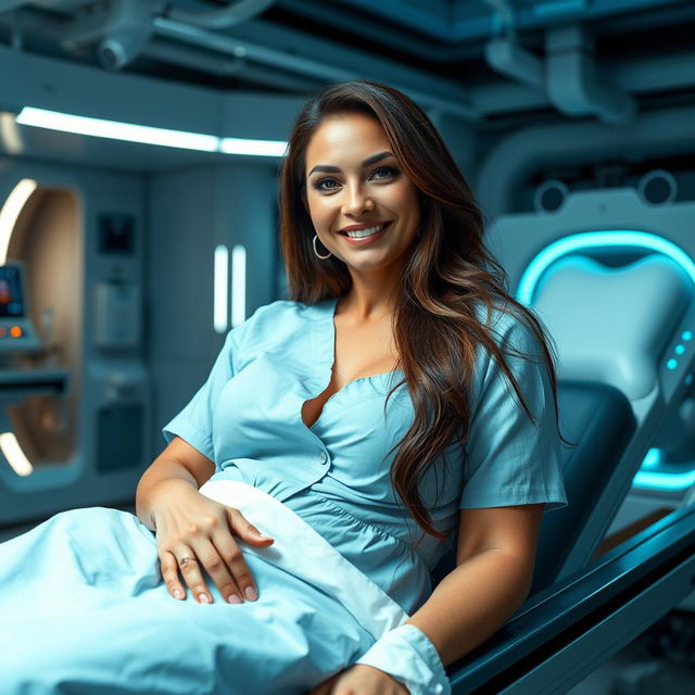 A sexy 50-year-old Latina woman with curves, long brown hair, wearing a hospital gown, with a beautiful smile and a deep neckline, lying on a stretcher in a futuristic laboratory