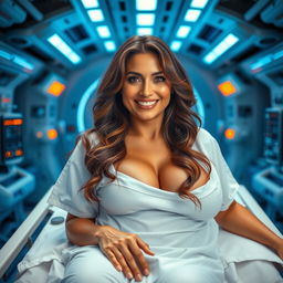 A sexy 50-year-old Latina woman with curves, long brown hair, wearing a hospital gown, with a beautiful smile and a deep neckline, lying on a stretcher in a futuristic laboratory