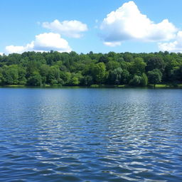 A serene landscape featuring a calm lake surrounded by lush green trees and a clear blue sky with a few fluffy white clouds