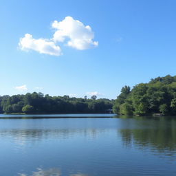 A serene landscape featuring a calm lake surrounded by lush green trees and a clear blue sky with a few fluffy white clouds