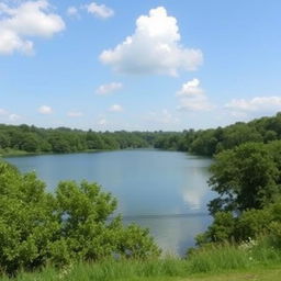 A serene landscape featuring a calm lake surrounded by lush green trees and a clear blue sky with a few fluffy white clouds