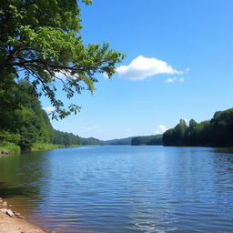 A serene landscape featuring a calm lake surrounded by lush green trees and a clear blue sky with a few fluffy white clouds