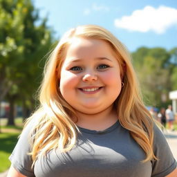 A chubby blonde person with a cheerful expression, wearing casual clothes and standing in a pleasant outdoor setting with trees and a clear sky