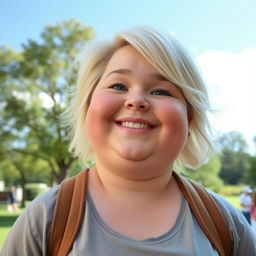 A chubby blonde person with a cheerful expression, wearing casual clothes and standing in a pleasant outdoor setting with trees and a clear sky