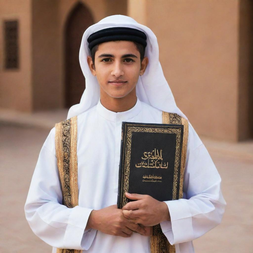 A handsome Arab youth, clad in traditional attire, carrying the Quran with reverence and pride.