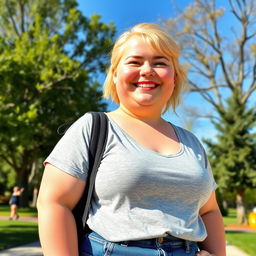 A chubby blonde person with a cheerful expression, wearing casual clothes and standing in a pleasant outdoor setting with trees and a clear sky