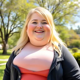 A chubby blonde person with a cheerful expression, wearing casual clothes and standing in a pleasant outdoor setting with trees and a clear sky