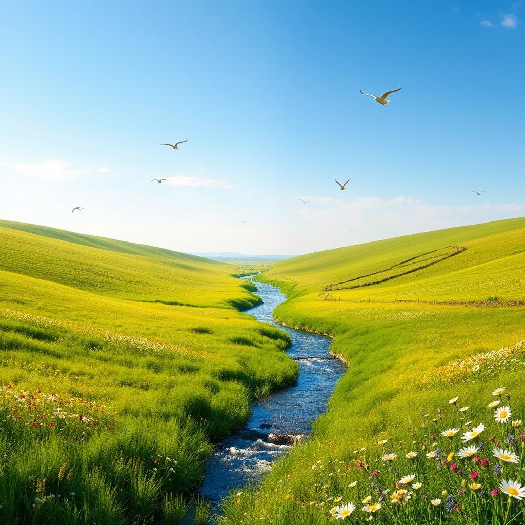 A serene landscape with a clear blue sky, lush green meadows, and a sparkling river flowing through the middle