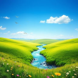 A serene landscape with a clear blue sky, lush green meadows, and a sparkling river flowing through the middle