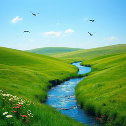 A serene landscape with a clear blue sky, lush green meadows, and a sparkling river flowing through the middle