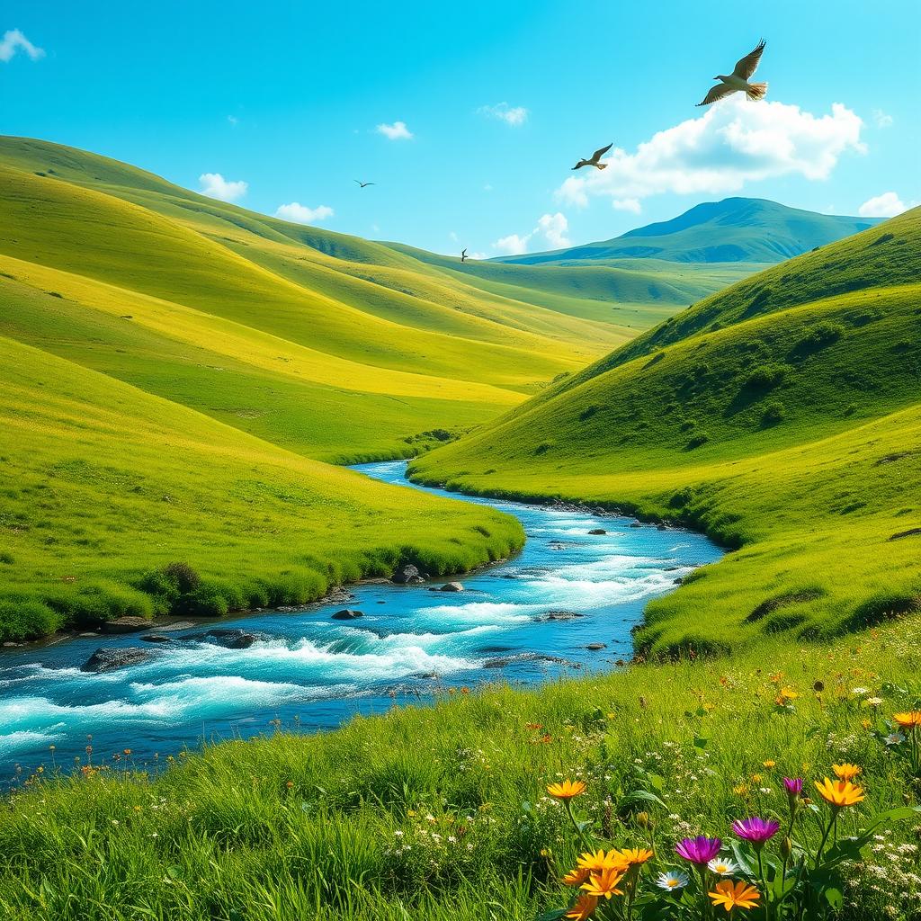 A serene landscape with a clear blue sky, lush green meadows, and a sparkling river flowing through the middle