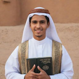 A handsome Arab youth, clad in traditional attire, carrying the Quran with reverence and pride.