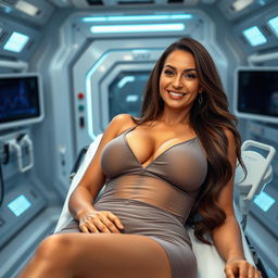 A sexy 50-year-old Latina woman with curves, long brown hair, wearing a short and transparent dress, with a beautiful smile and a deep neckline, lying on a stretcher in a futuristic laboratory