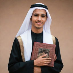 A handsome Arab youth, clad in traditional attire, carrying the Quran with reverence and pride.