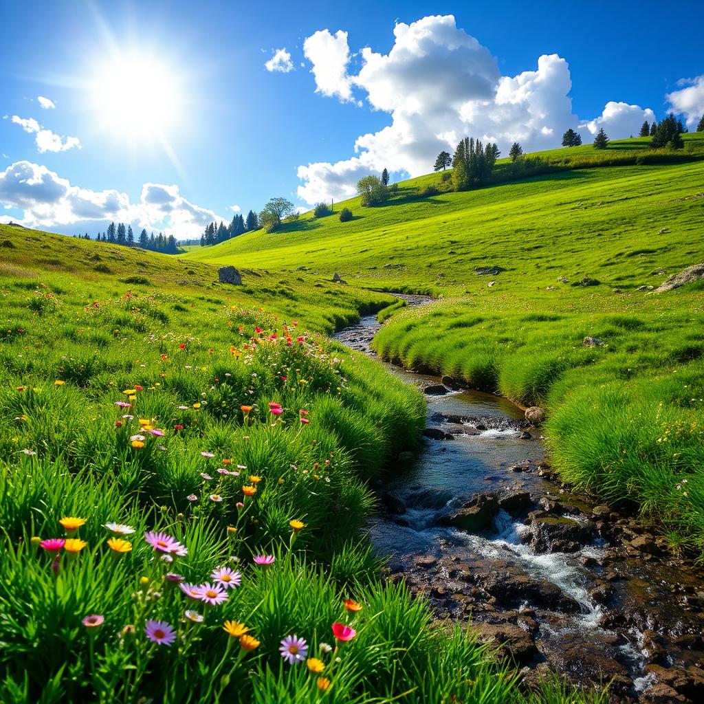 A serene landscape featuring a lush green meadow with colorful wildflowers, a clear blue sky with fluffy white clouds, and a gentle stream flowing through the scene