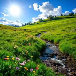 A serene landscape featuring a lush green meadow with colorful wildflowers, a clear blue sky with fluffy white clouds, and a gentle stream flowing through the scene