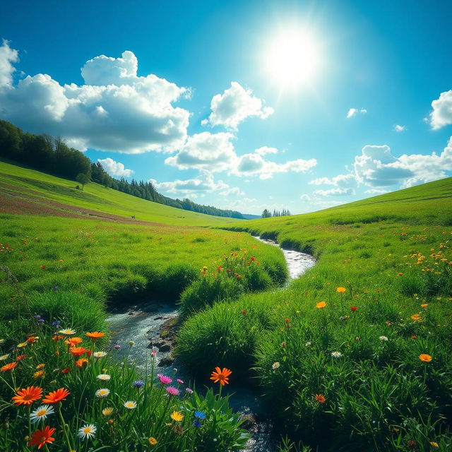 A serene landscape featuring a lush green meadow with colorful wildflowers, a clear blue sky with fluffy white clouds, and a gentle stream flowing through the scene