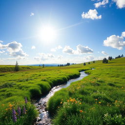 A serene landscape featuring a lush green meadow with colorful wildflowers, a clear blue sky with fluffy white clouds, and a gentle stream flowing through the scene