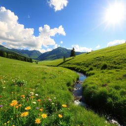 A serene landscape featuring a lush green meadow with colorful wildflowers, a clear blue sky with fluffy white clouds, and a gentle stream flowing through the scene