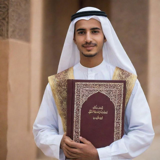 A handsome Arab youth, clad in traditional attire, carrying the Quran with reverence and pride.