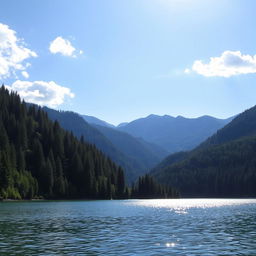 A beautiful landscape featuring a serene lake surrounded by lush green forests and mountains in the background