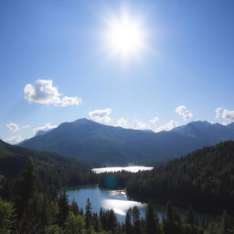 A beautiful landscape featuring a serene lake surrounded by lush green forests and mountains in the background