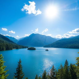 A beautiful landscape featuring a serene lake surrounded by lush green forests and mountains in the background