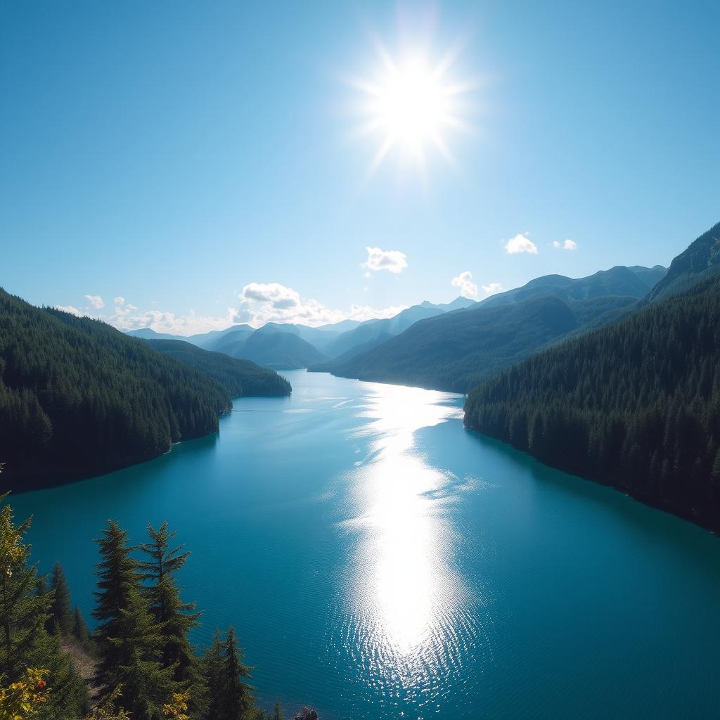 A beautiful landscape featuring a serene lake surrounded by lush green forests and mountains in the background