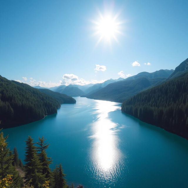 A beautiful landscape featuring a serene lake surrounded by lush green forests and mountains in the background