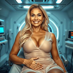 A sexy 50-year-old Indian woman with curves, long blonde hair, wearing a short and transparent dress, with a beautiful smile and a deep neckline, lying on a stretcher in a futuristic laboratory