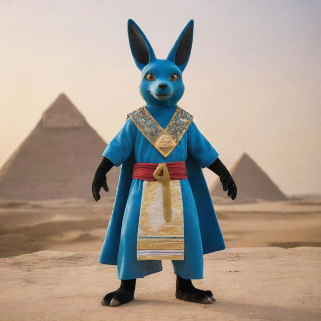 Lucario, the Pokémon, dressed in traditional Egyptian attire standing against a background of the Pyramids of Giza at sunset